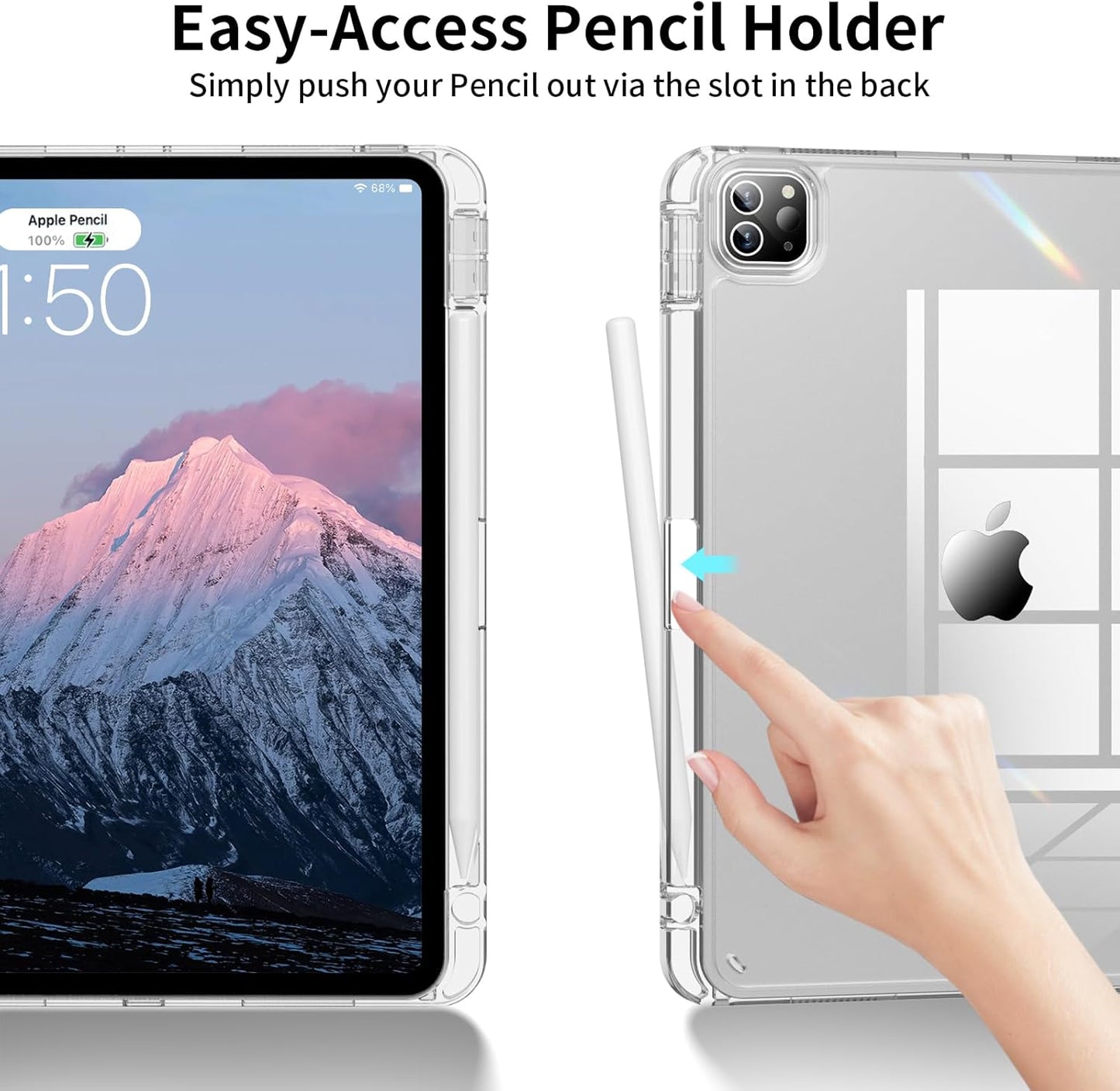 Kenke iPad Pro 11 Inch Case 4th/3rd/2nd Generation 2022/2021/2020 Support 2nd Pencil Charge with Right Side Pencil Holder, Transparent Acrylic Hard PC Back Cover & Soft Translucent Edge Side (Pink)