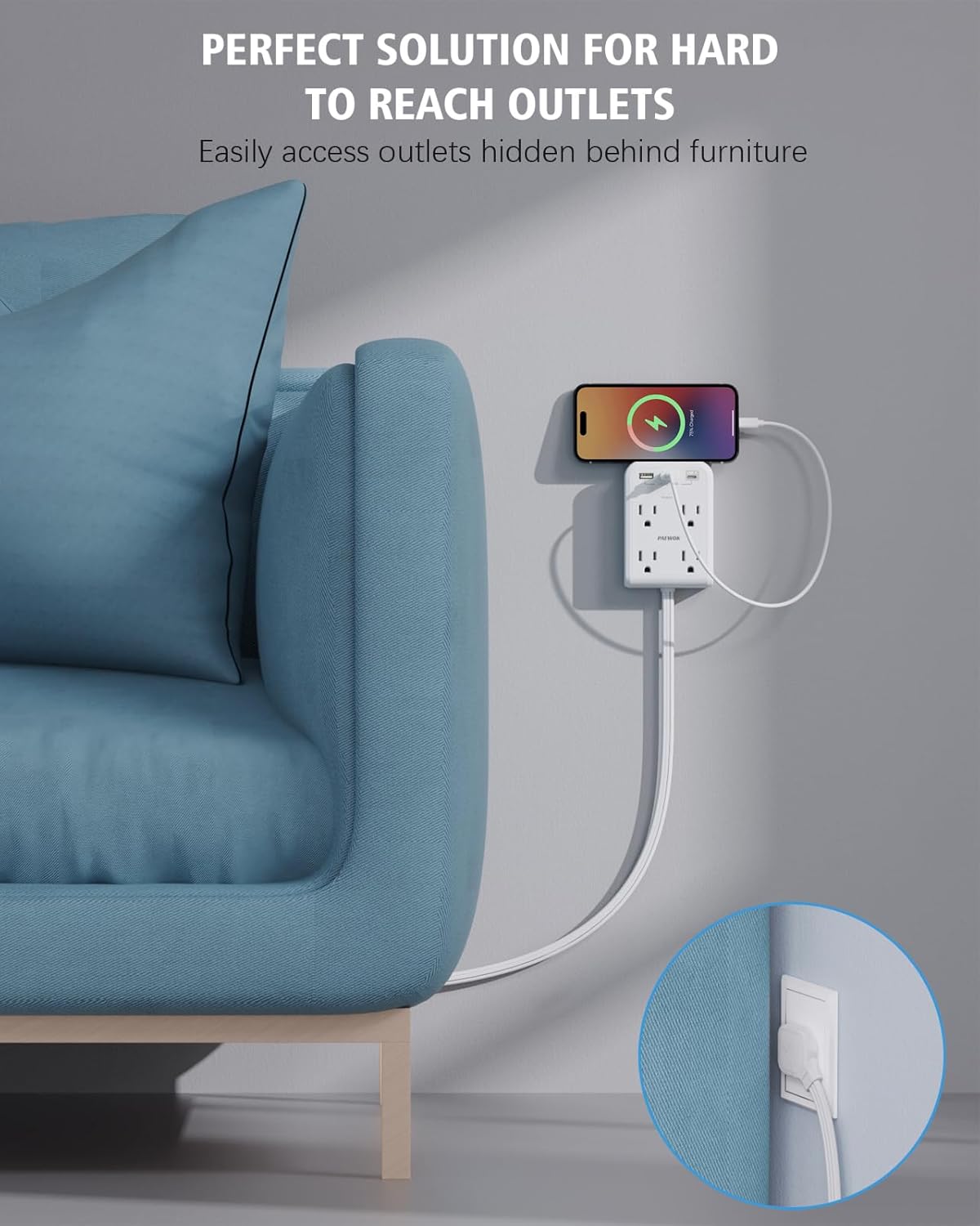 Flat Electrical Outlet Extender with USB C Ports, 4 Outlet 3 USB Wall Plug, Ultra Flat 6 ft Thin Extension Cord, Flat Plug Power Strip Surge Protector for Home, Office. White