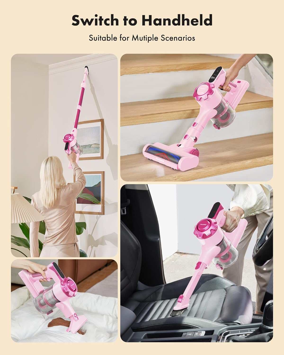 Cordless Vacuum Cleaner, 8-in-1 Lightweight Stick Vacuum with 45mins Pink