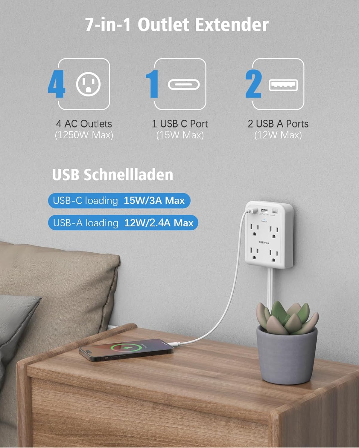 Flat Electrical Outlet Extender with USB C Ports, 4 Outlet 3 USB Wall Plug, Ultra Flat 6 ft Thin Extension Cord, Flat Plug Power Strip Surge Protector for Home, Office. White
