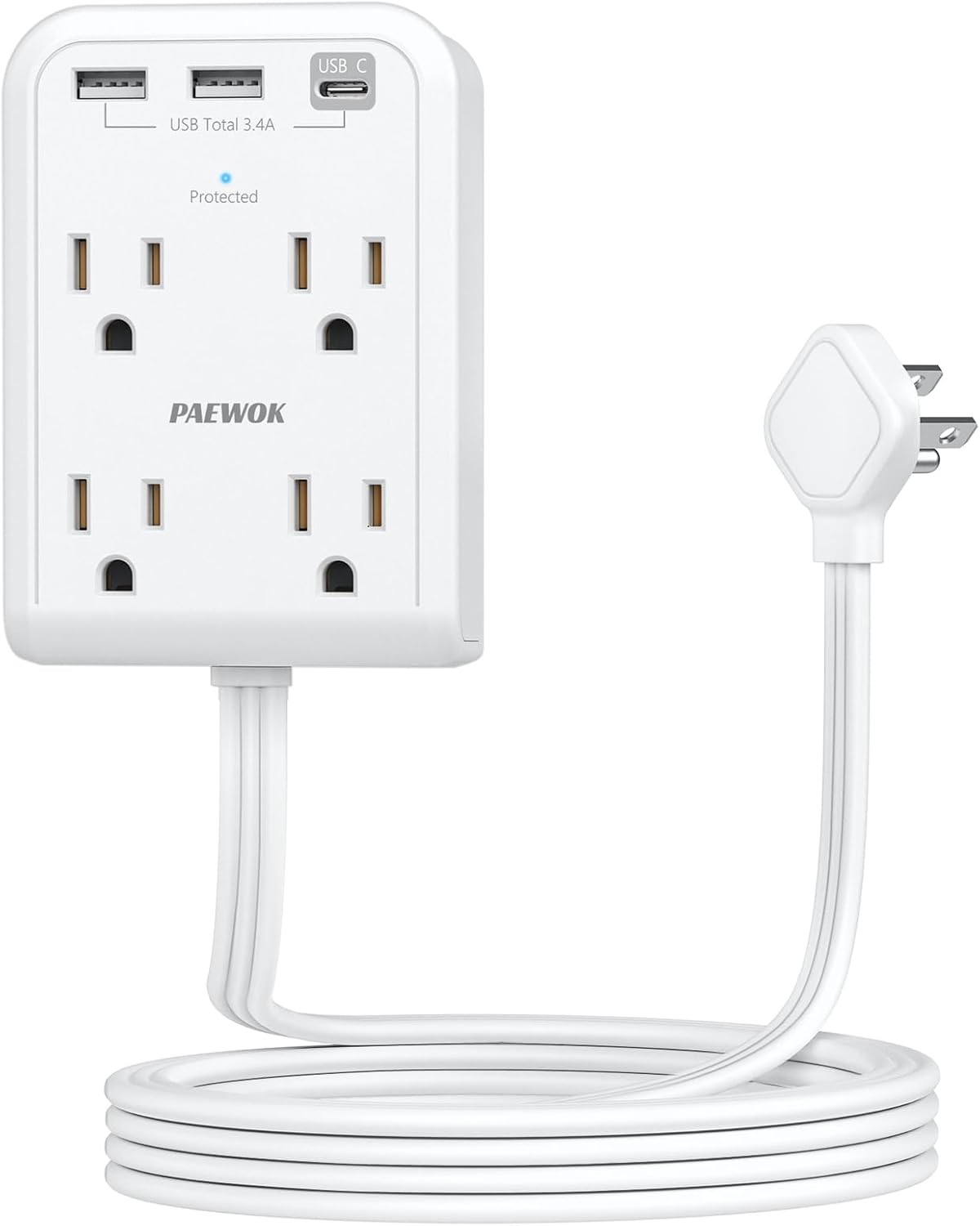 Flat Electrical Outlet Extender with USB C Ports, 4 Outlet 3 USB Wall Plug, Ultra Flat 6 ft Thin Extension Cord, Flat Plug Power Strip Surge Protector for Home, Office. White
