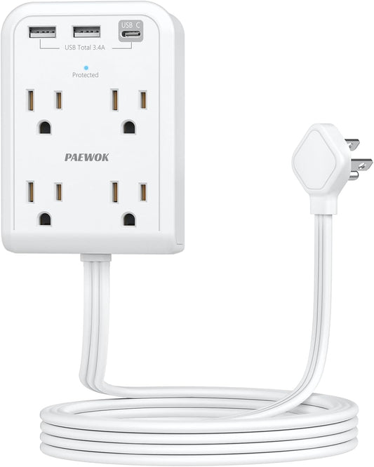 Flat Electrical Outlet Extender with USB C Ports, 4 Outlet 3 USB Wall Plug, Ultra Flat 6 ft Thin Extension Cord, Flat Plug Power Strip Surge Protector for Home, Office. White