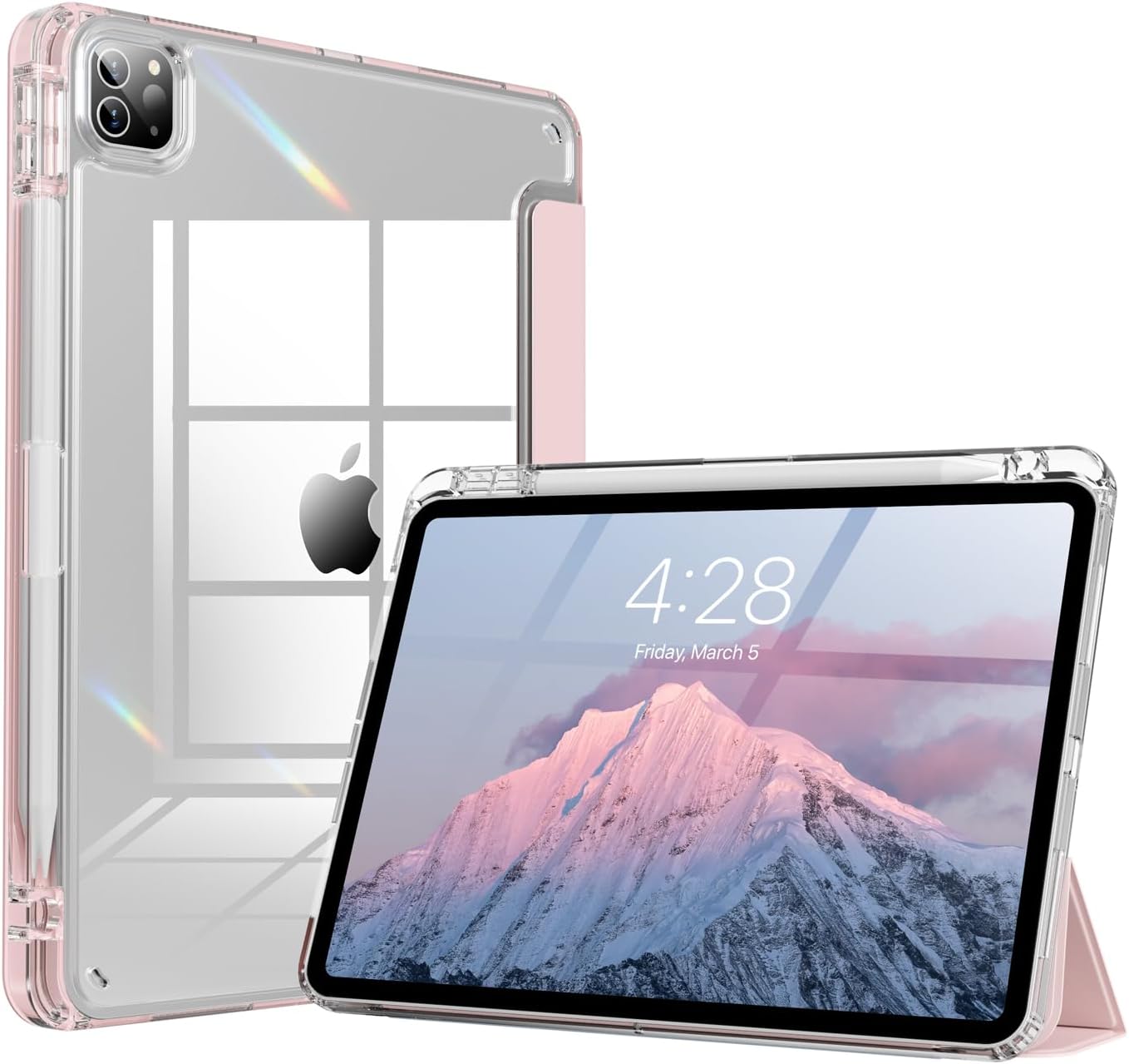 Kenke iPad Pro 11 Inch Case 4th/3rd/2nd Generation 2022/2021/2020 Support 2nd Pencil Charge with Right Side Pencil Holder, Transparent Acrylic Hard PC Back Cover & Soft Translucent Edge Side (Pink)
