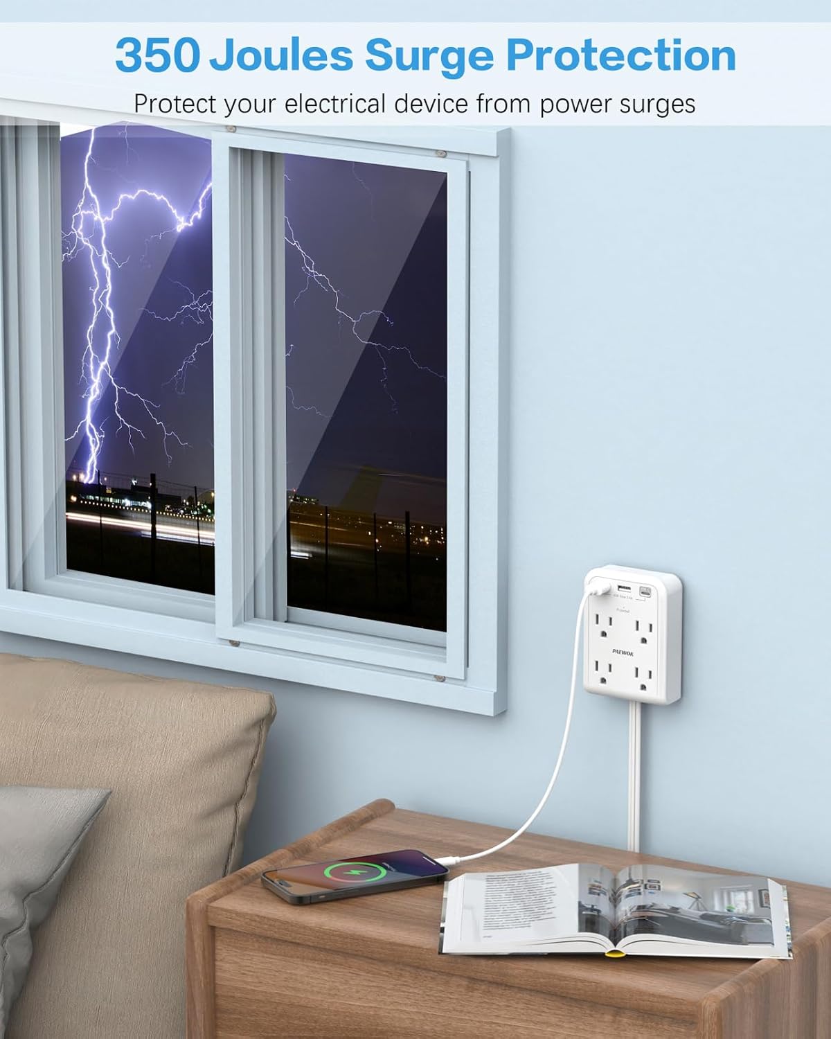 Flat Electrical Outlet Extender with USB C Ports, 4 Outlet 3 USB Wall Plug, Ultra Flat 6 ft Thin Extension Cord, Flat Plug Power Strip Surge Protector for Home, Office. White