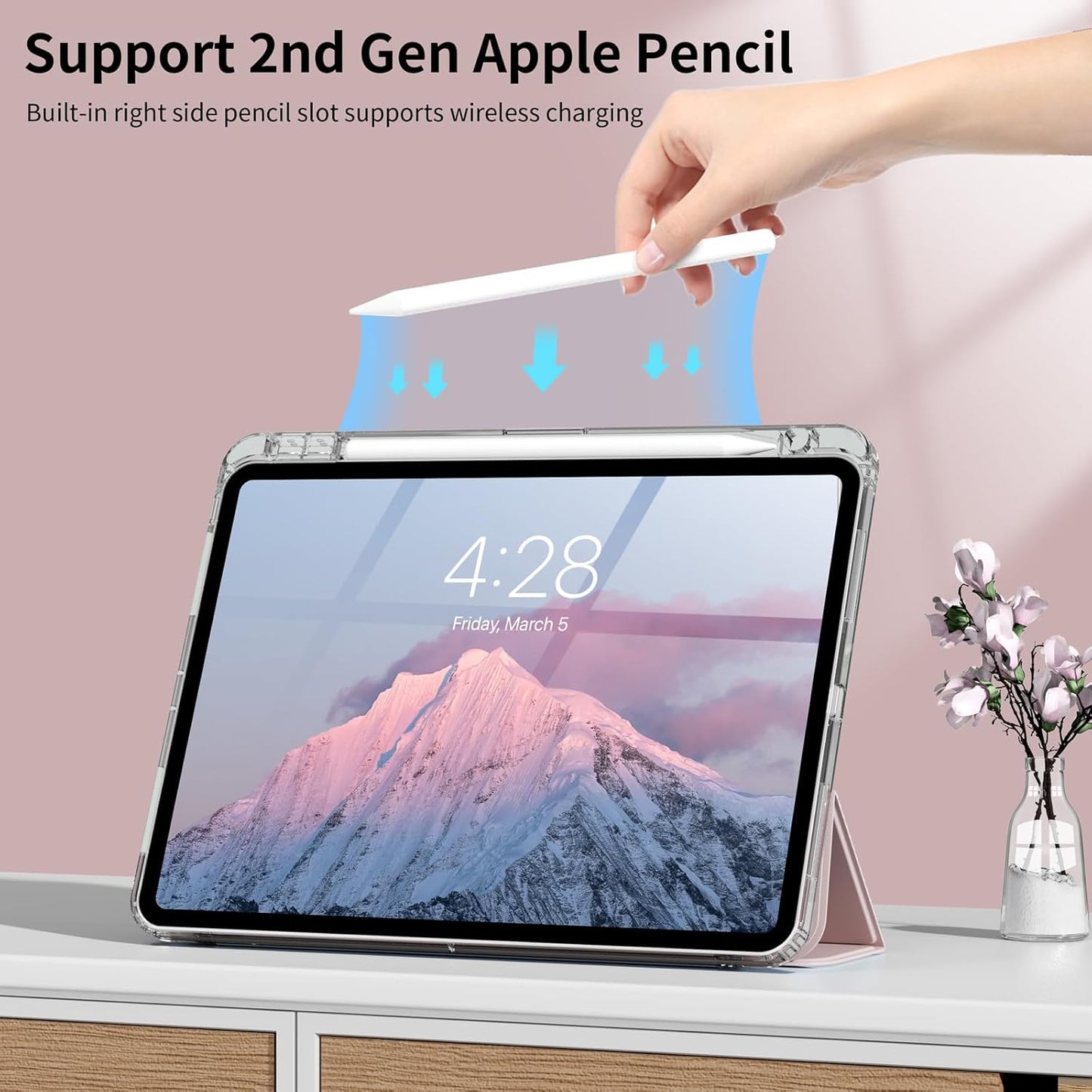 Kenke iPad Pro 11 Inch Case 4th/3rd/2nd Generation 2022/2021/2020 Support 2nd Pencil Charge with Right Side Pencil Holder, Transparent Acrylic Hard PC Back Cover & Soft Translucent Edge Side (Pink)