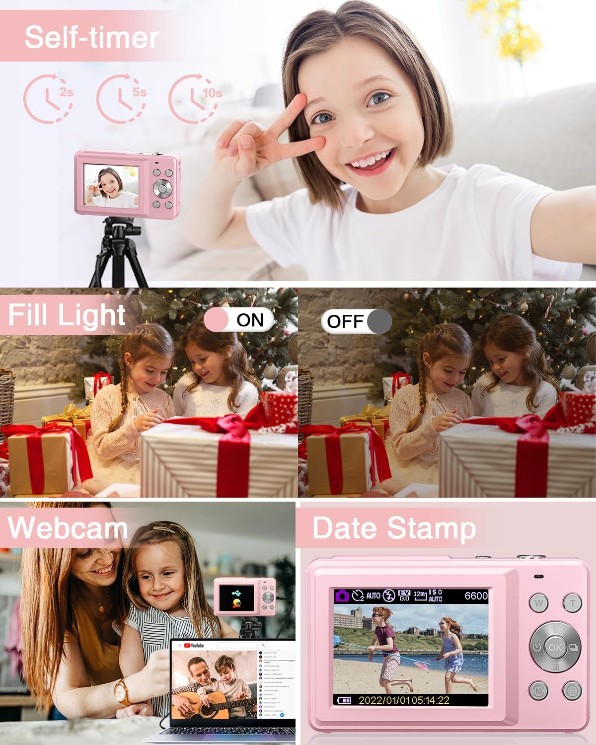 Digital Camera, FHD 1080P Camera with 32GB Card, 2 Batteries, 16X Zoom Anti Shake, Kids Camera Compact Portable Small Gift Point and Shoot Camera for Kid Student Children Teen Girl Boy(Pink)