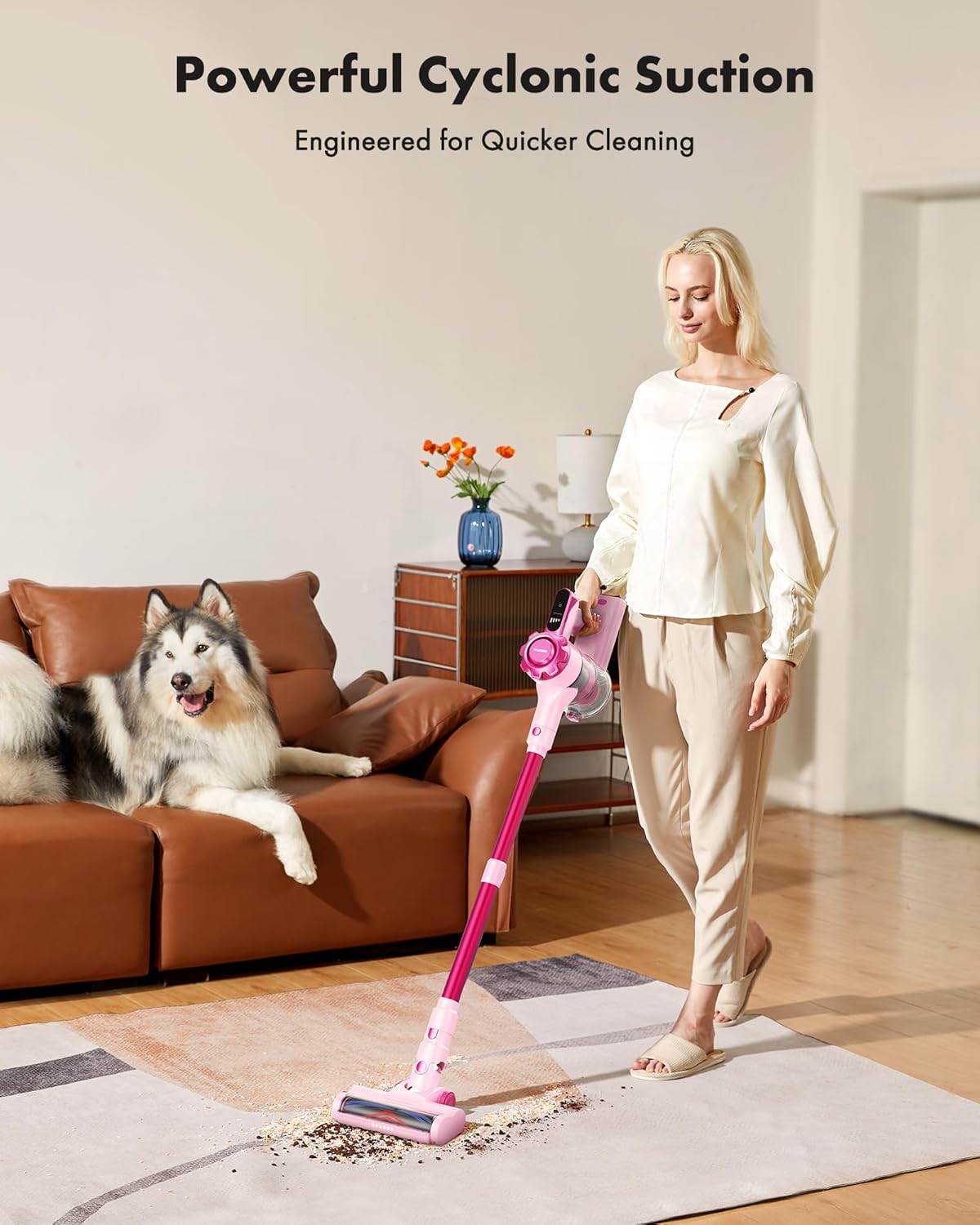 Cordless Vacuum Cleaner, 8-in-1 Lightweight Stick Vacuum with 45mins Pink