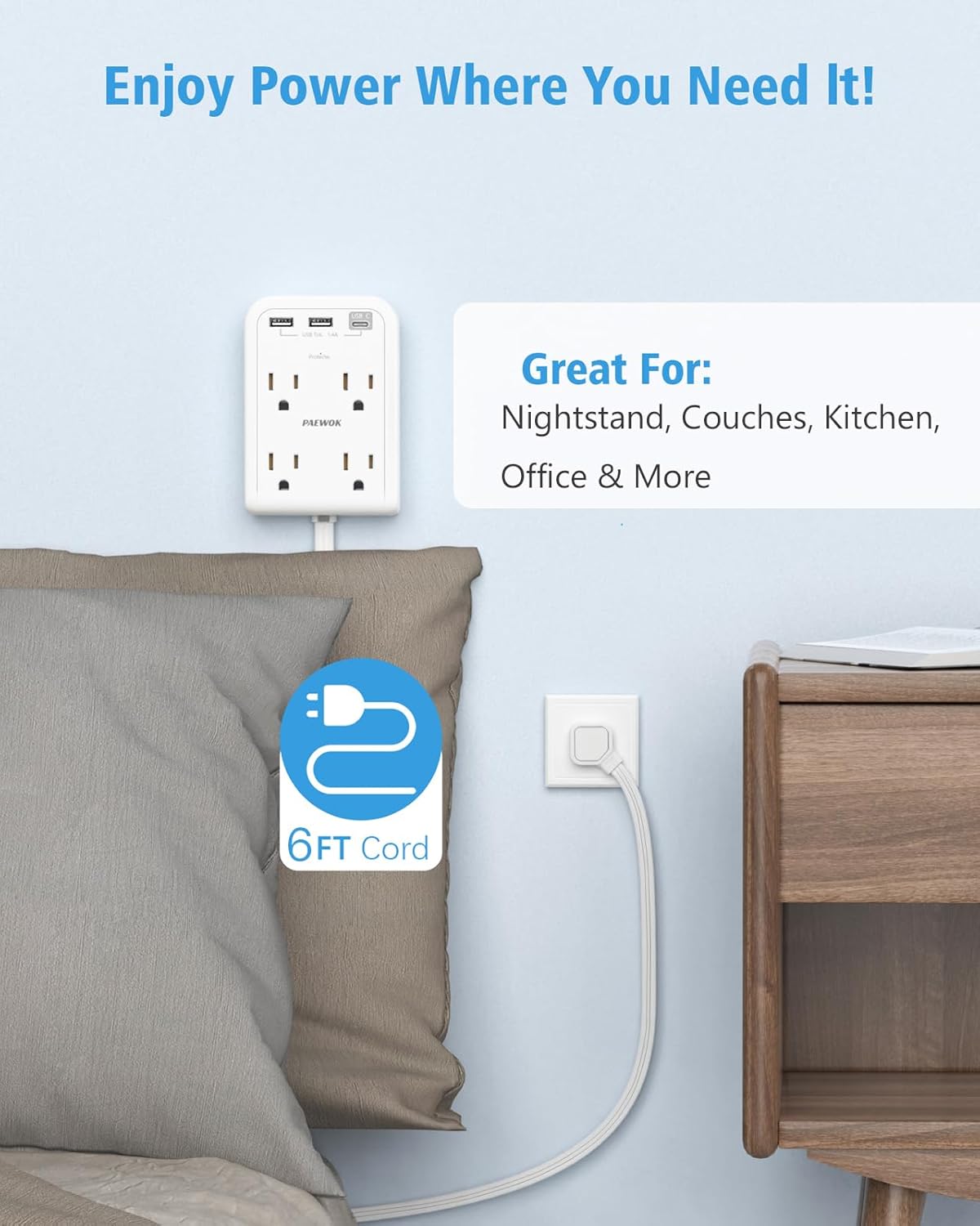 Flat Electrical Outlet Extender with USB C Ports, 4 Outlet 3 USB Wall Plug, Ultra Flat 6 ft Thin Extension Cord, Flat Plug Power Strip Surge Protector for Home, Office. White