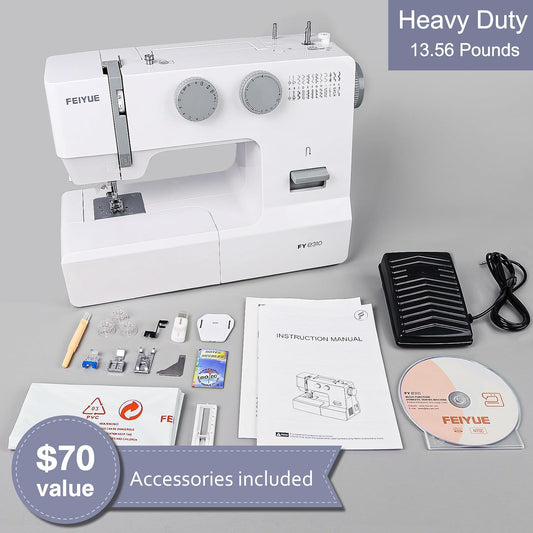 FEIYUE FYe310 Full Size Sewing Machine with Foot Pedal, Heavy Duty & Portable, Powerful Servo Motor, 25 Built-in Stitches, 6 Bobbins & 5 Included Sewing Feet (White)