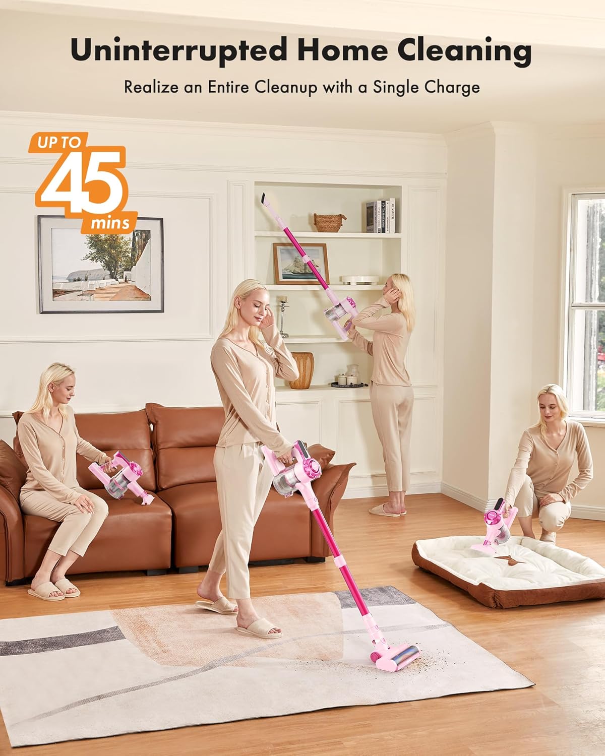 Cordless Vacuum Cleaner, 8-in-1 Lightweight Stick Vacuum with 45mins Pink
